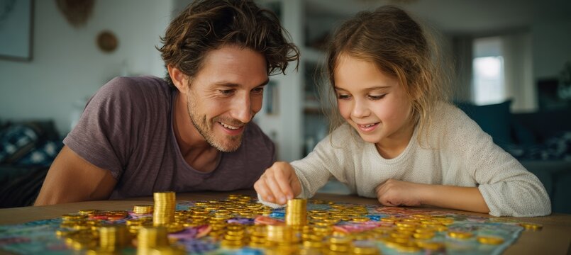 Father and Daughter Enjoy Money Management Board Game in Living Room