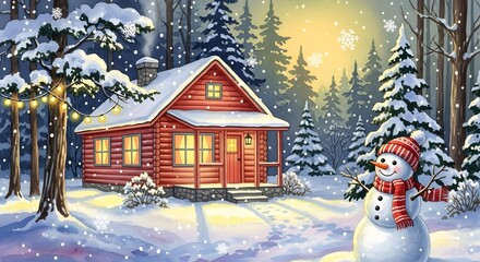 Winter scene with a cozy cabin, festive lights, and a snowman in a snowy forest snowflakes fall as a warm glow illuminates the serene holiday landscape