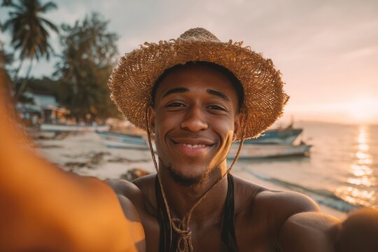 Travel Blogger Taking Selfie on Phone at Exotic Beach - Powered by Adobe