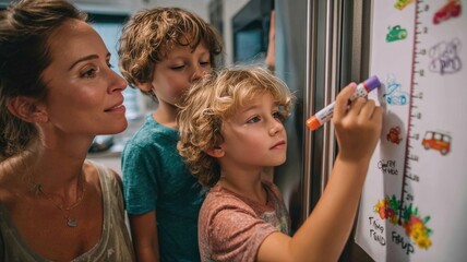 Family Drawing Savings Thermometer Chart on Fridge with Milestone Illustrations