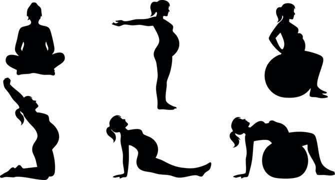 Pregnant woman yoga poses silhouette set exercise relaxation and meditation vector illustration - Powered by Adobe
