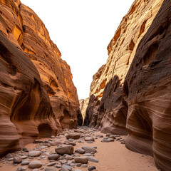 Sandstone canyon with rocks and sand in wadi rum desert, jordan, middle east isolated on transparent background