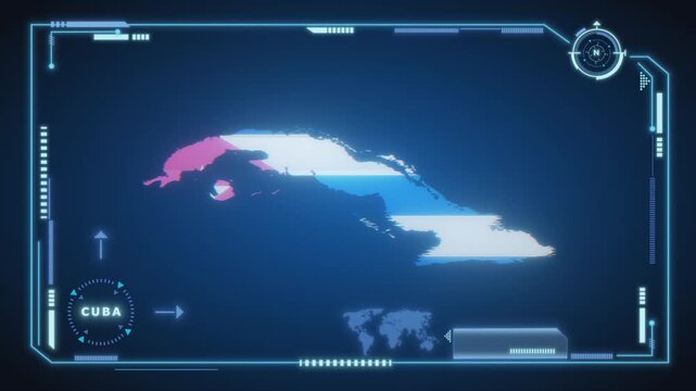 Futuristic Digital Cuba map HUD animation, global network cyber technology, government, Country Map, Politics, Travel, News, and Sports Events