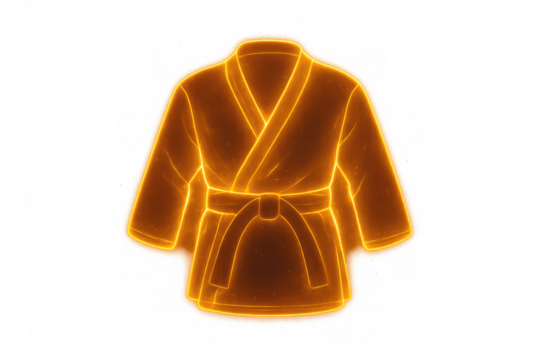 Martial arts gi glowing with orange energy, displaying a karate or judo uniform, power and discipline concept - Powered by Adobe