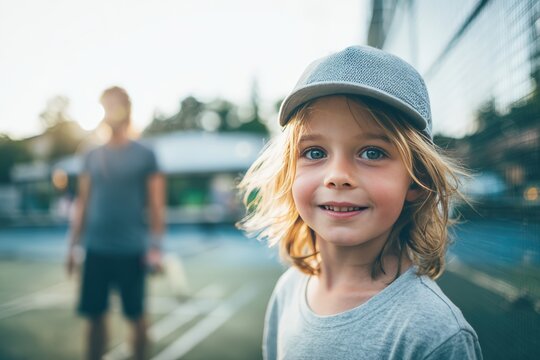 Smiling Child Practicing Tennis on Outdoor Court with Coach