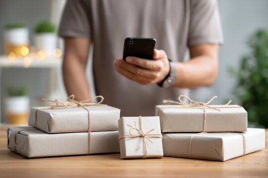 Man Holding Smartphone Over Packages for E-commerce Delivery