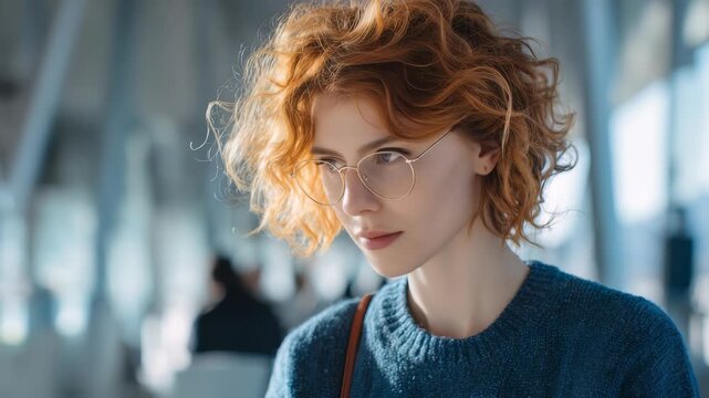 Portrait of a fashionable red haired woman in glasses, wearing a blue sweater, captured in a contemporary interior. The natural light highlights her thoughtful and artistic expression