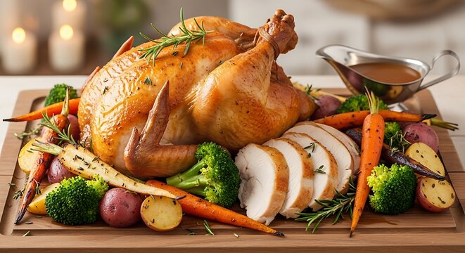 A roasted fowl, garnished with herbs, and served with a side of vegetables and gravy. Lit candles in background