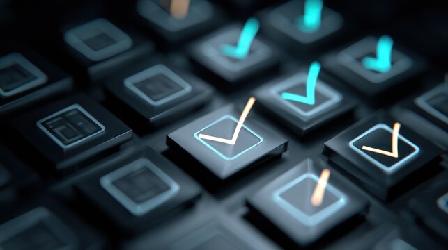Glowing checkmarks on dark abstract cubes