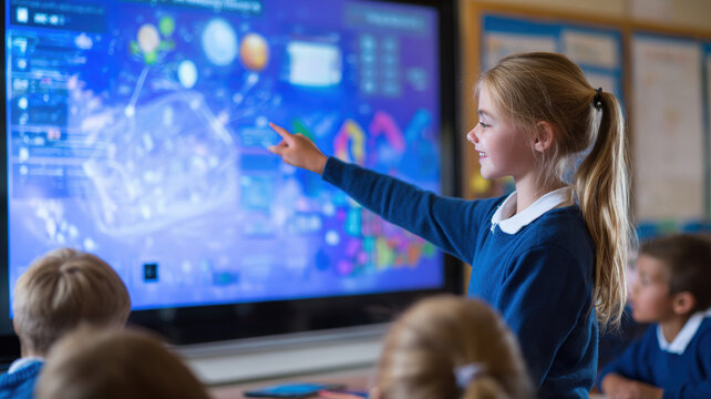 Girl Presenting on Smartboard in Classroom with Engaged Classmates - Powered by Adobe