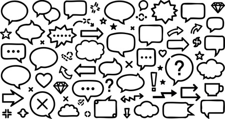 Fototapeta premium Collection of speech bubbles arrows and icons in simple black line style for communication and expression vector illustration