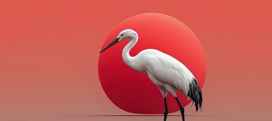 Naklejka premium Stoic White Crane with Japanese Flag and Minimalist Red Sun Backdrop