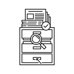 Line art icon of a filing cabinet with documents, magnifying glass, and check mark representing document management and search