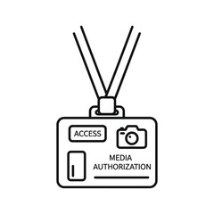 Black and white line art icon of a media authorization badge or press pass hanging from a lanyard, isolated on