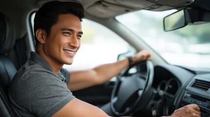Smiling Young Man Adjusting Dashboard in Modern Sedan