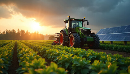 Green farm tractor stands in vast crop field. Golden hour light illuminates rows of healthy plants. Large solar panels provide clean energy for modern agriculture tech. Shows sustainable food