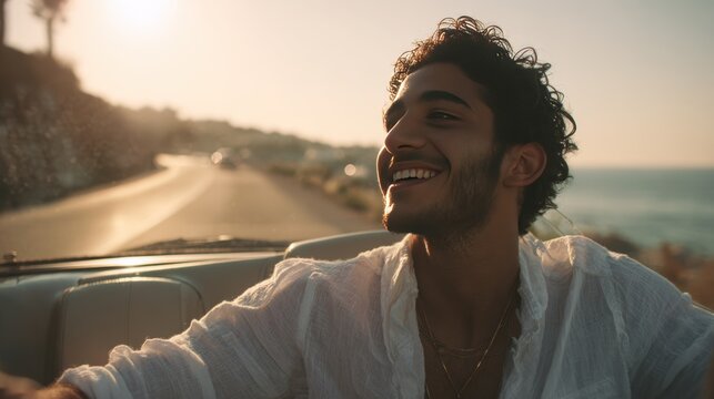 Joyful man in convertible enjoying music on scenic seaside drive