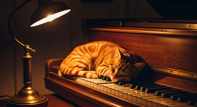 Orange tabby cat sleeping peacefully on piano keys under warm lamp light.