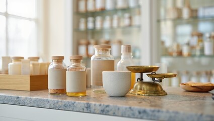 Pharmacy counter display bottles implements communicate clinical precision