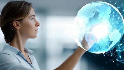 A professional woman uses a virtual touchscreen, symbolizing digital transformation and smart technology. The scene highlights innovation, connectivity, and the future of business solutions - Powered by Adobe