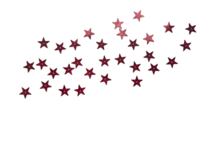 Scattered red and burgundy glitter stars confetti creating a dynamic corner border on a neutral light white background with ample copy space.