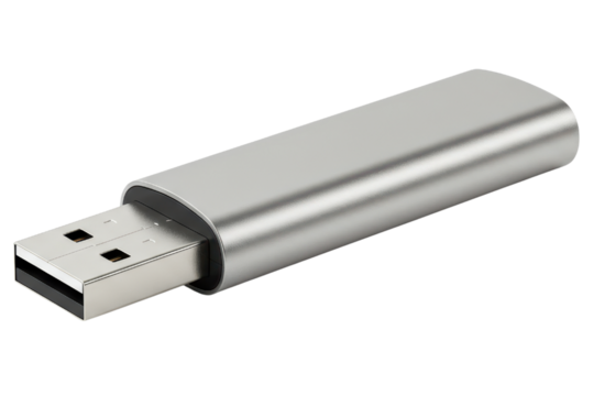 Silver metal flash drive for portable computer data storage on a transparent background
