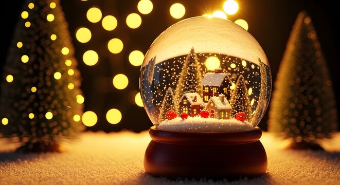 Christmas snow globe with a miniature house and festive trees, illuminated by warm lights and soft bokeh, creating a magical winter holiday scene