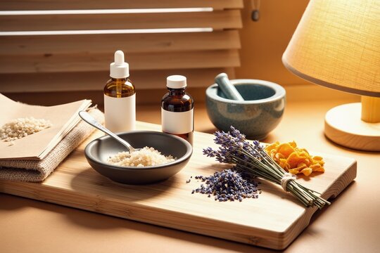 Aromatherapy ingredients arranged diagonally across a wooden tray, ready.