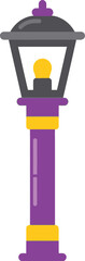 A stylized flat design illustration of a purple and yellow street lamp with a glowing yellow bulb isolated on a white background representing urban lighting and classic street furniture
