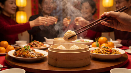 Chinese Family Dinner Steaming Dumpling Chopstick Clink Toast New Year