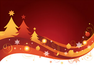 Festive golden christmas trees and glowing lights adorn a rich red background with swirling snow and festive embellishments