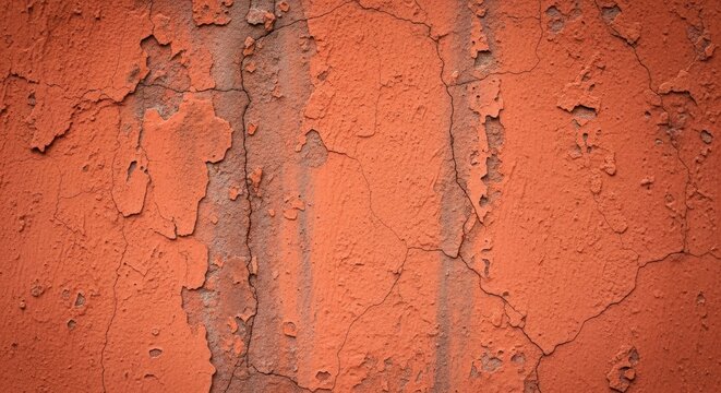 A close-up view of a weathered and distressed red concrete wall with peeling paint, deep cracks, and a rough, grunge texture showing signs of age and decay