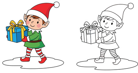 Cute cartoon Christmas elf carrying a blue gift box, vector illustration with colored version and black and white outline for coloring book page