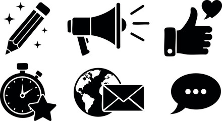 Communication and creativity icons set with pencil megaphone like stopwatch earth envelope and chat symbols vector illustration
