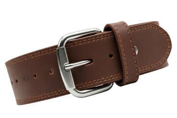 Close-up of brown stitched leather belt with silver metal buckle on a transparent background