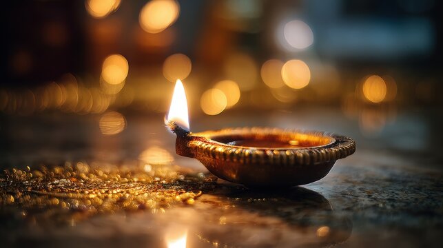 Serene Diwali Night with Single Diya and Golden Greetings in Warm Tones