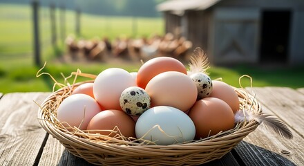 A rustic basket brimming with various colored eggs, including speckled ones, sits atop a wooden surface with a blurred farm background