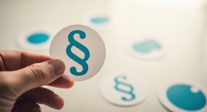 A person's hand carefully holds a white paper circle with a teal paragraph symbol, selecting a specific clause or regulation from a blurred selection of legal icons