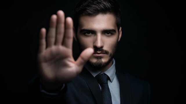 Compelling portrait of a young man in a suit with a serious expression and a raised hand, symbolizing authority and confidence.
