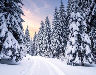 Snowy Winter Path Through Evergreen Forest at Sunrise