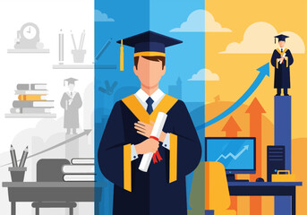 Academic achievement concept showing a graduate transitioning from study to successful professional life.