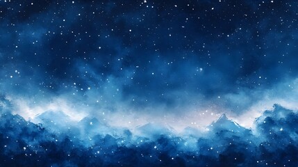 Fototapeta premium Starry night sky over misty blue mountains, watercolor texture with snowy sparkles and soft glow tranquil winter background with generous copy space.