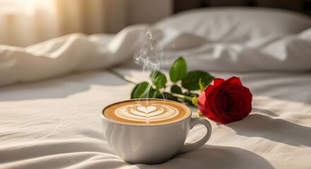 Morning coffee and red rose on bed in sunlight