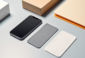 Close-up smartphone mock-up dominates foreground on a refined advertising table