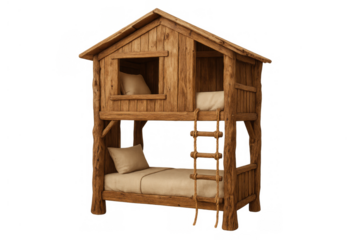 Rustic wooden treehouse bunk bed creating a playful bedroom space for children, combining comfort and adventure on transparent background