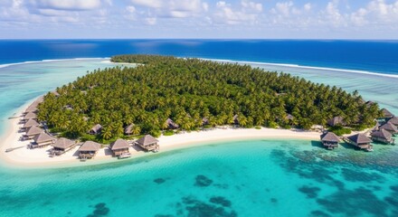 Stunning aerial view of a remote tropical island paradise with lush palm trees, white sand beaches, and luxury overwater bungalows in a turquoise ocean on a sunny day