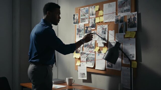 Focused african american detective analyzing a corkboard full of clues, photos, and notes, connecting the dots of a complex criminal investigation in a dimly lit office during the night