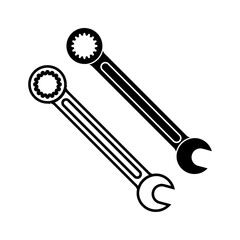 Pair of wrench tools, featuring a combination wrench and a ratchet wrench, representing mechanical work, toolkits, or industrial tasks in a clean, minimalist vector style for digital or print designs