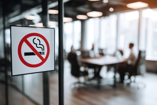 Corporate 'No Smoking' Sign with Blurred Workers in Bright Office