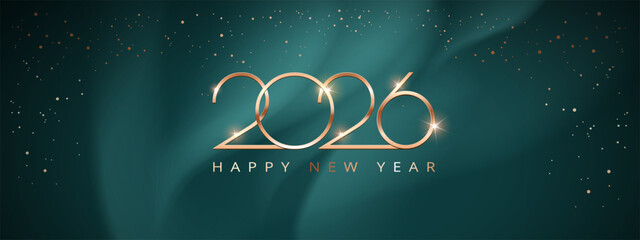 Stylish 2026 Happy New Year abstract green and gold background with Northern lights or aurora borealis in a clear starry night sky - high quality vector perfect for holiday banners, website header